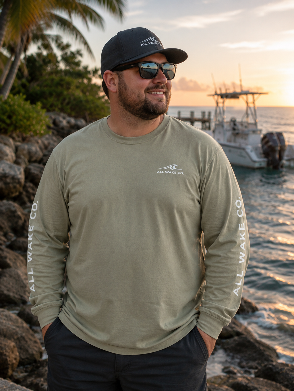 All Wake Co Brand Long Sleeve Shirt — Garment-Dyed Coastal Crewneck